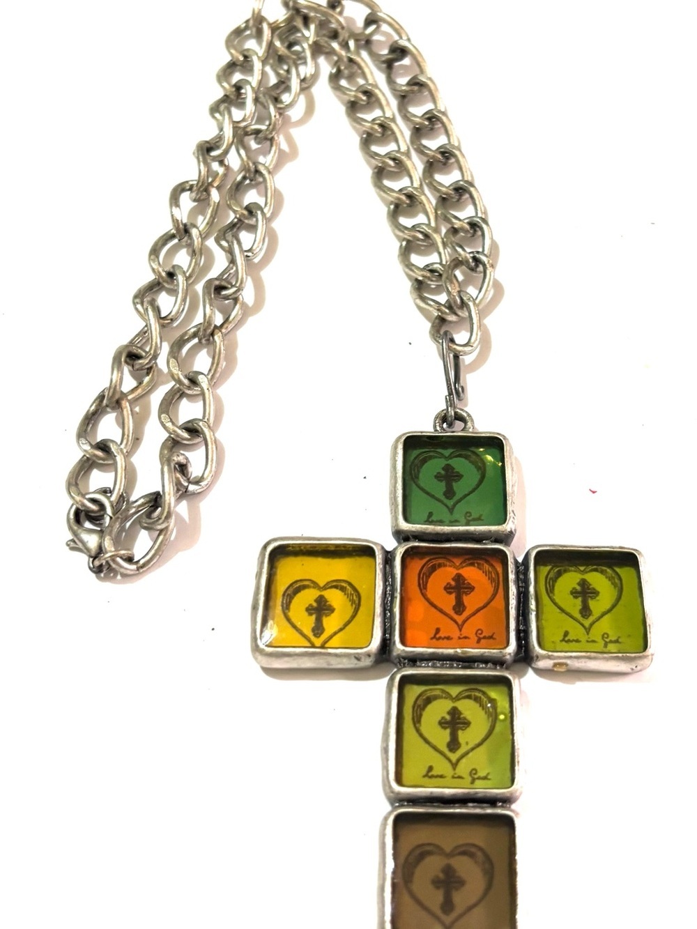 Vintage Silver-Tone Cross Pendant Necklace with Green, Yellow, Orange Squares